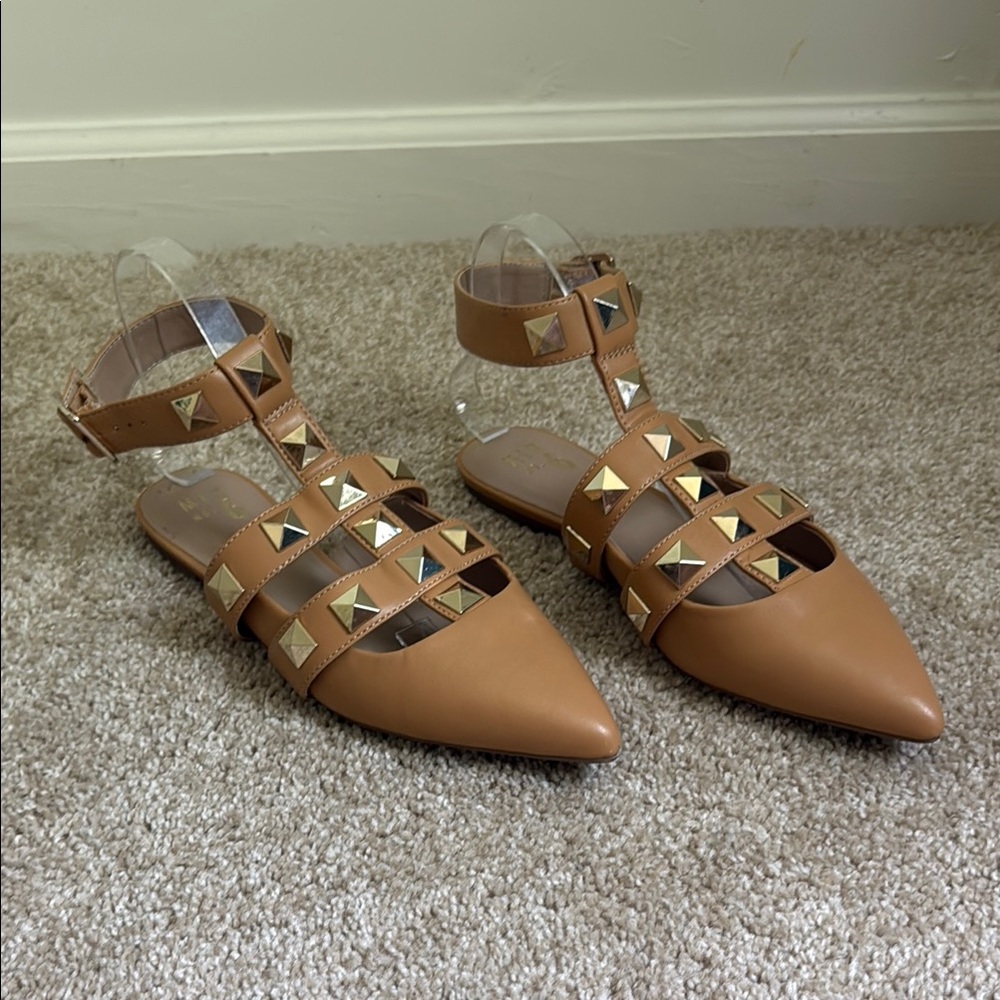 Mix No. 6 Tan Pointed Studded Strappy Flats